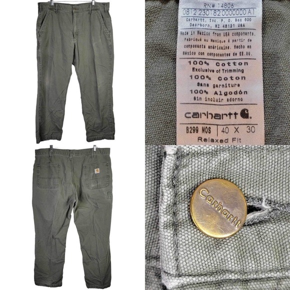 Carhartt Pants Green Heavy Canvas Size 40X30 Relaxed Work Straight Leg Cotton - Picture 1 of 9